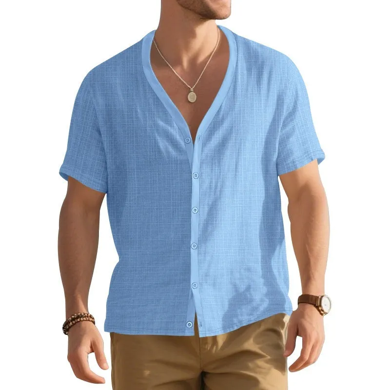 Men's loose bamboo imitation linen short-sleeved Henley shirt in solid colour, front view