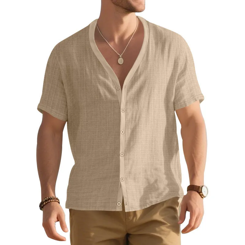 Men's loose bamboo imitation linen short-sleeved Henley shirt in solid colour, front view