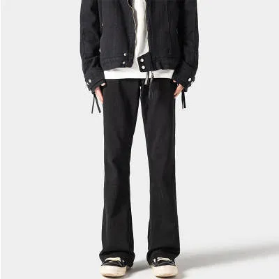 American retro high waist straight leg washed denim pants for teenagers in black with button front fly