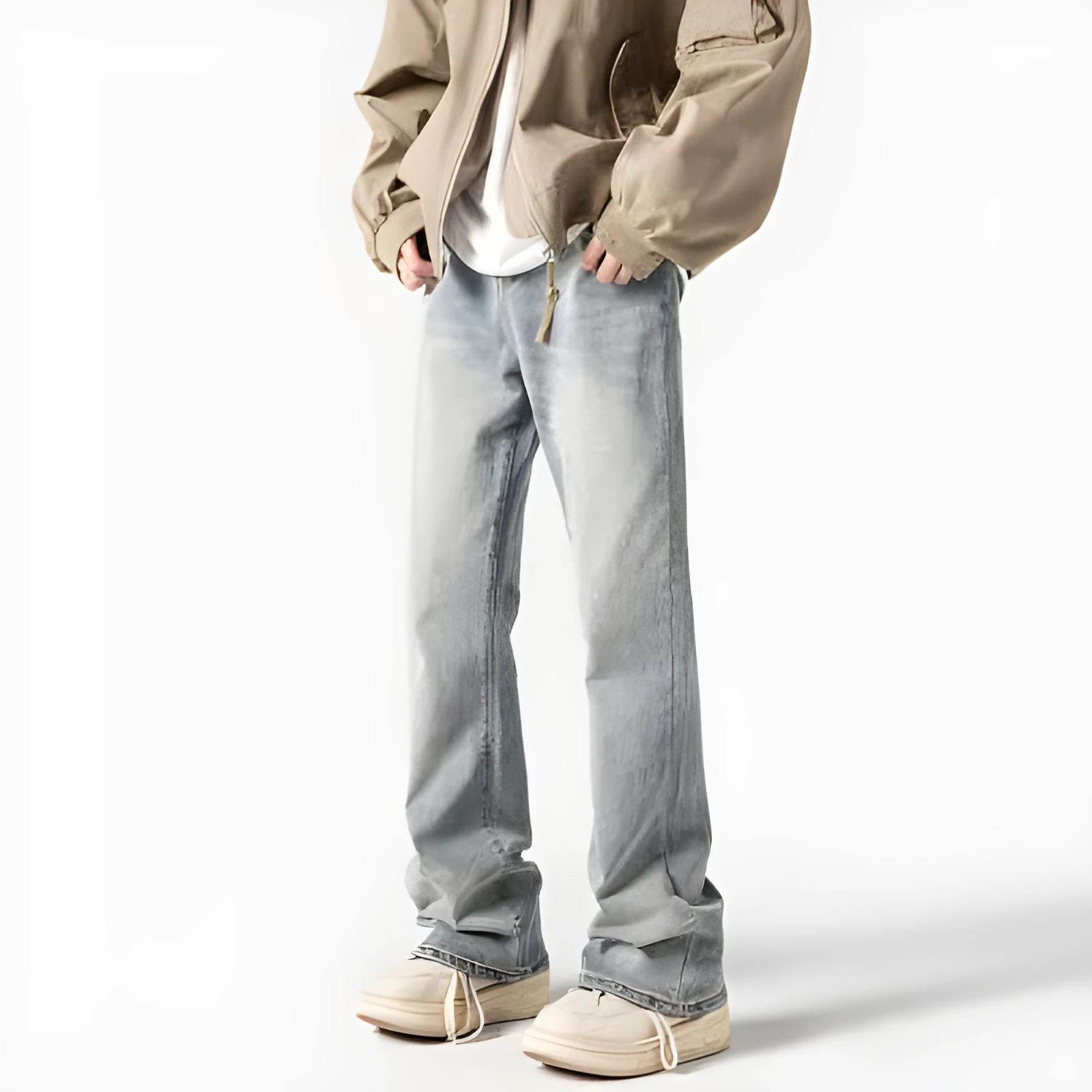 American retro high waist straight leg washed denim pants for teenagers in black with button front fly