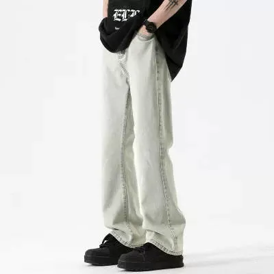 American retro high waist straight leg washed denim pants for teenagers in black with button front fly