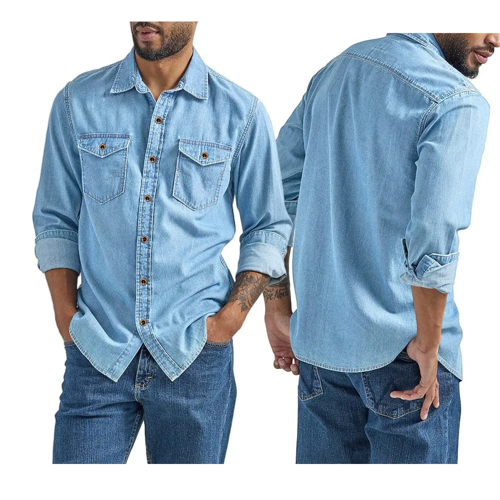 Men's oversized cotton denim cardigan in khaki, front view, with visible button closure and relaxed silhouette