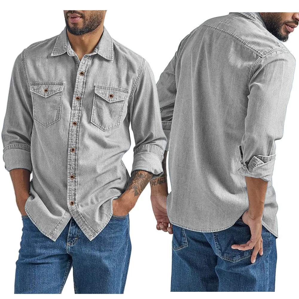 Men's oversized cotton denim cardigan in khaki, front view, with visible button closure and relaxed silhouette