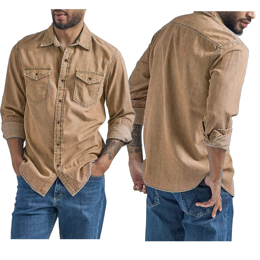 Men's oversized cotton denim cardigan in khaki, front view, with visible button closure and relaxed silhouette