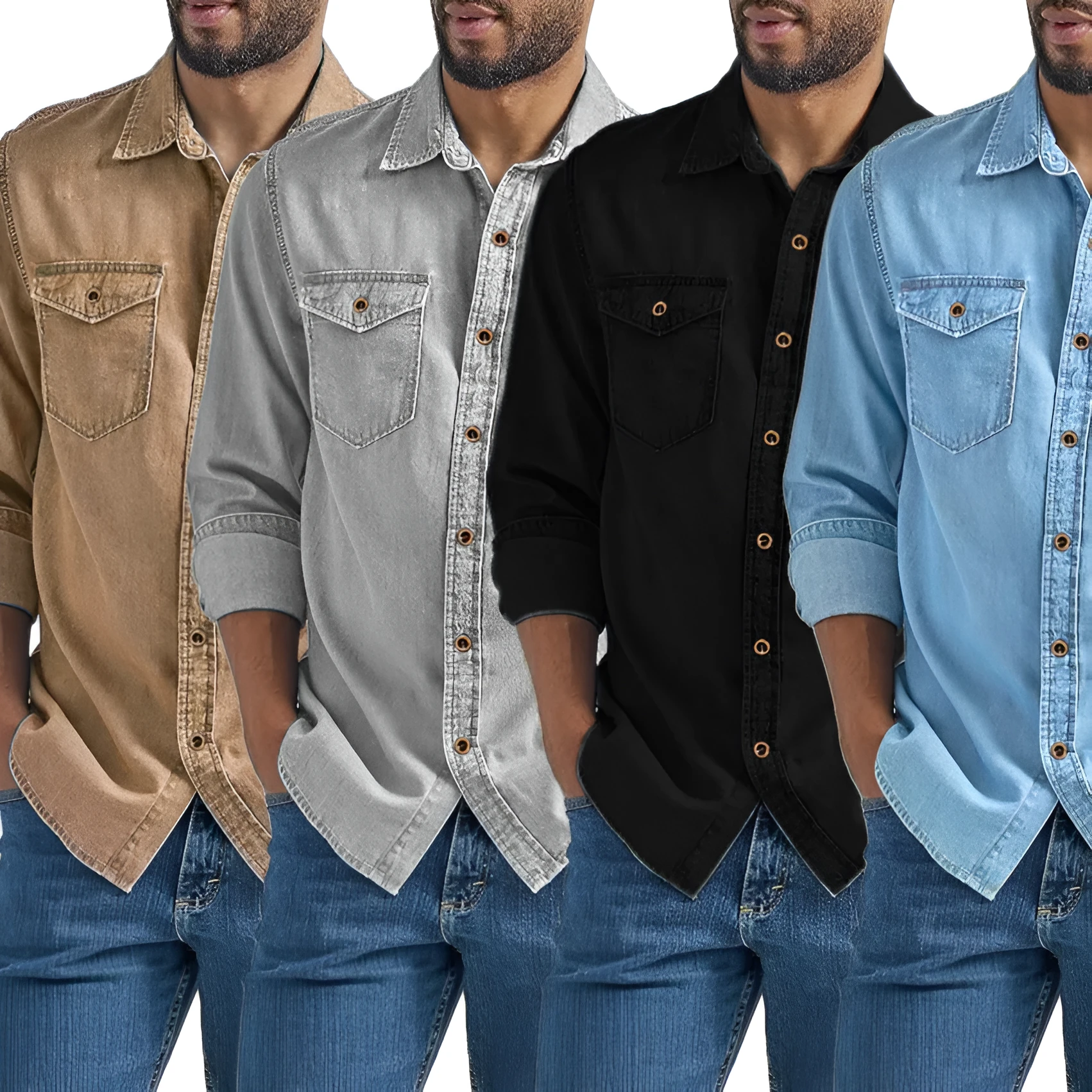 Men's oversized cotton denim cardigan in khaki, front view, with visible button closure and relaxed silhouette