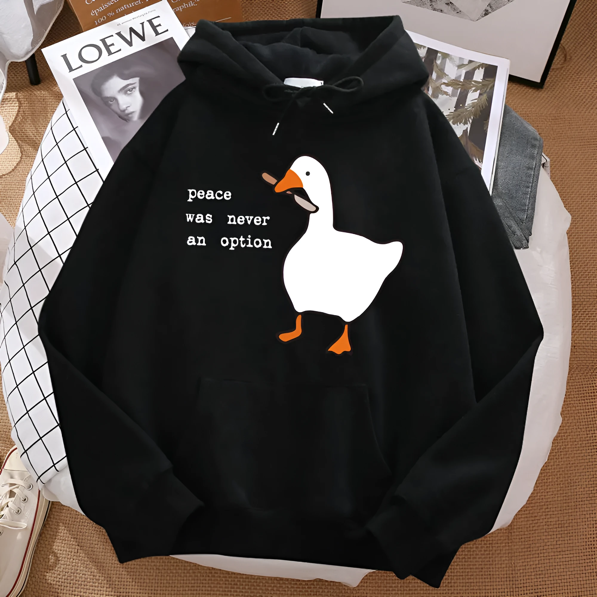 Print sweatshirt street loose hoodie for men with cartoon pattern, polyester pullover, long sleeve, available in multiple colours