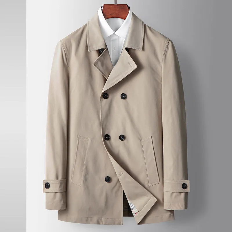 Men's light luxury double-breasted trench coat in blue, slim fit, lapel collar for casual wear