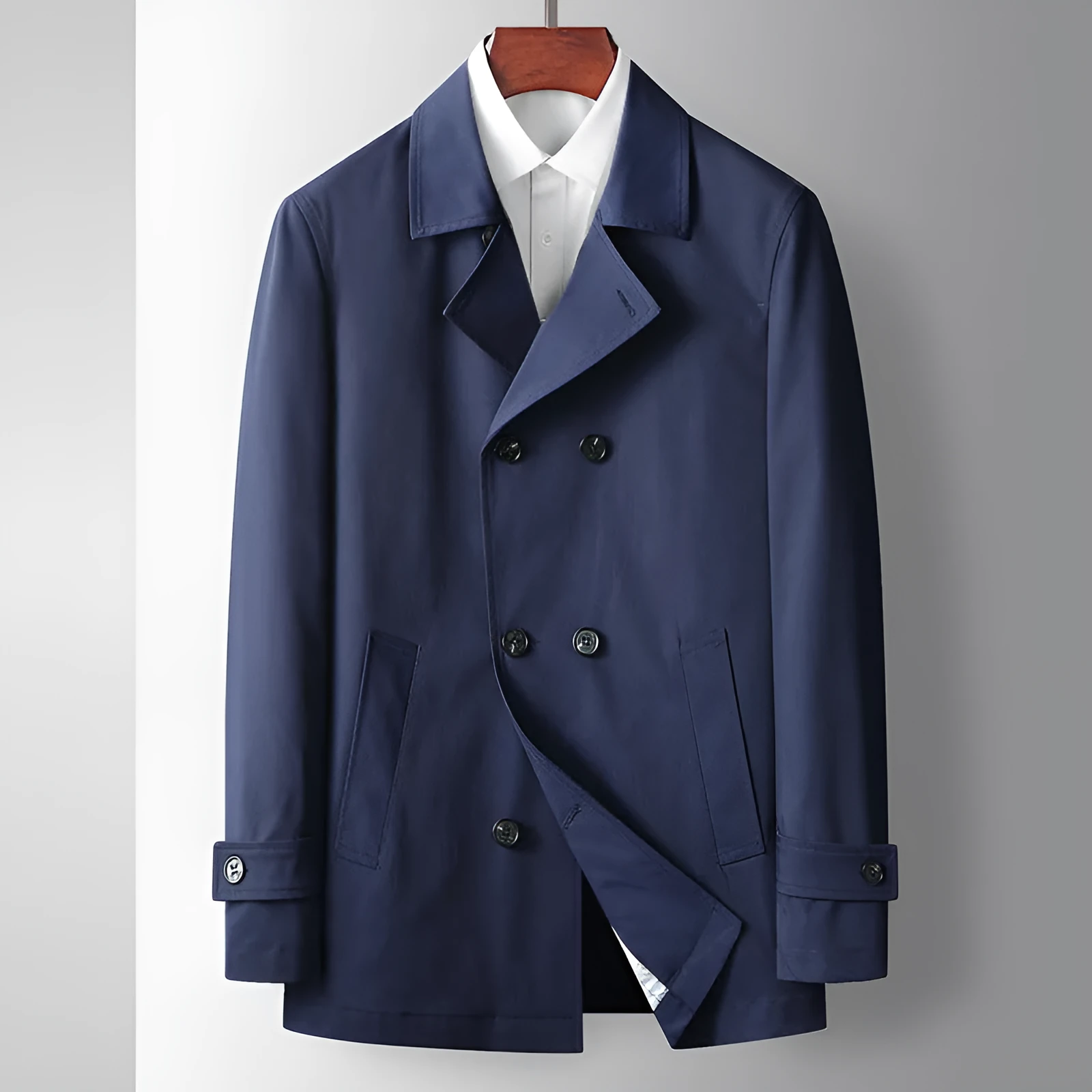 Men's light luxury double-breasted trench coat in blue, slim fit, lapel collar for casual wear