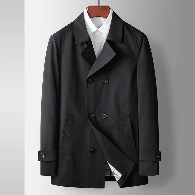 Men's light luxury double-breasted trench coat in blue, slim fit, lapel collar for casual wear