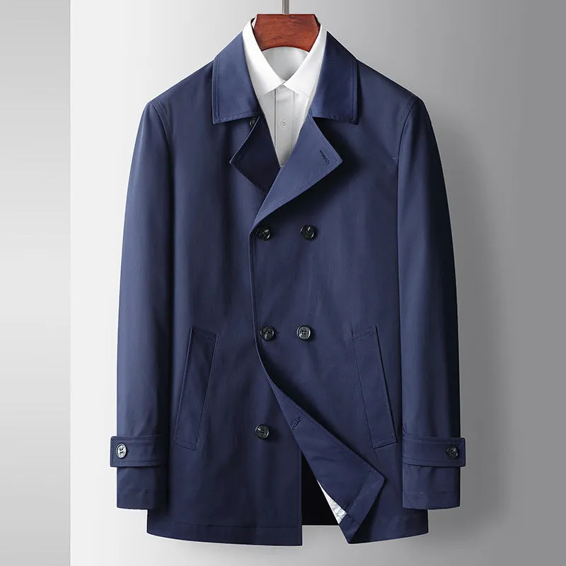 Men's light luxury double-breasted trench coat in blue, slim fit, lapel collar for casual wear