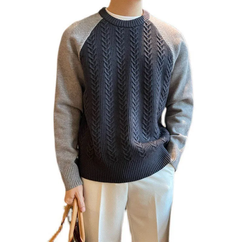 Men's thickened cable knit colour-blocked pullover sweater with long sleeves and round neck in apricot and blue