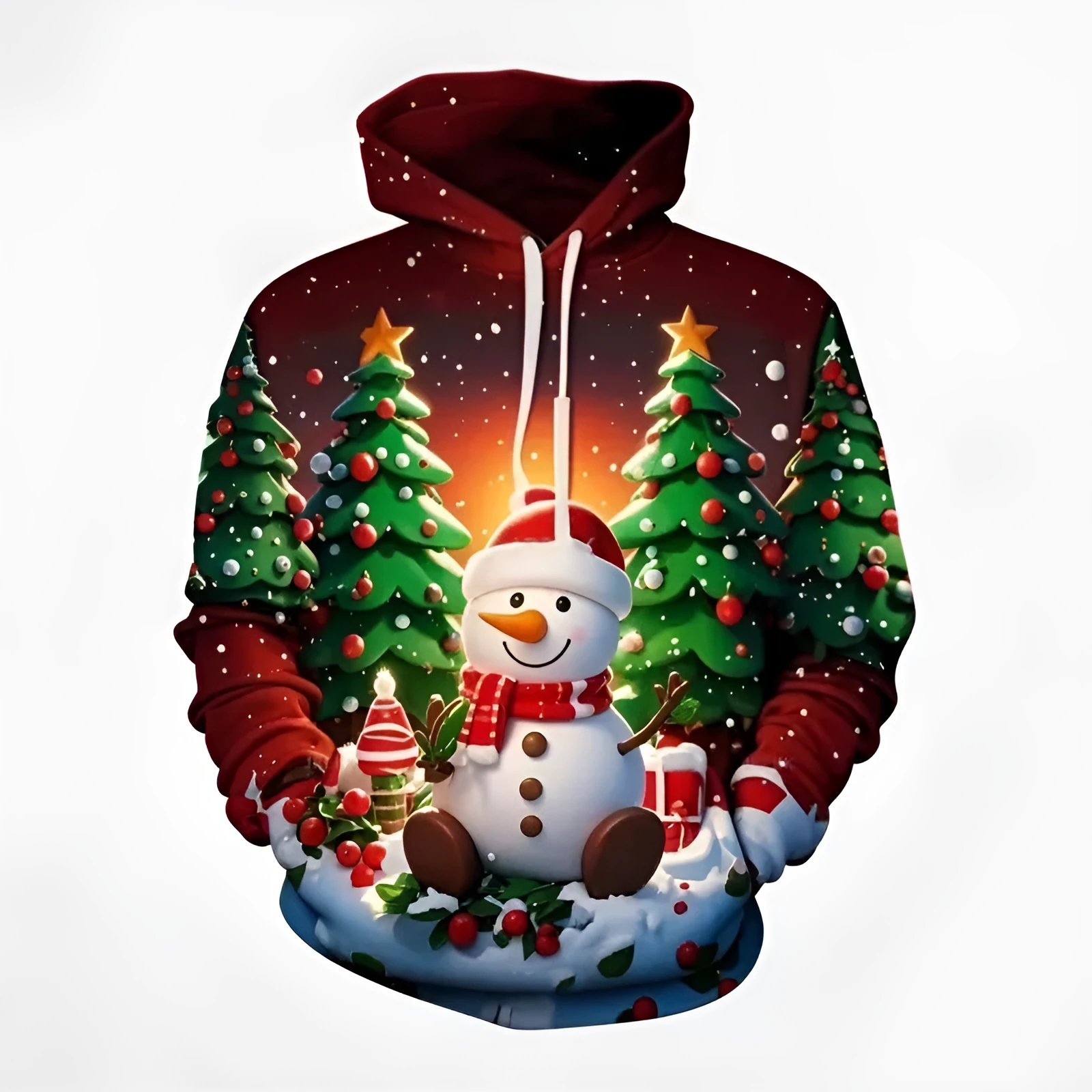 Christmas snowman and tree 3D print hooded sweatshirt in loose fit, side seam pockets, polyester blend, one colour, sizes S to 6XL