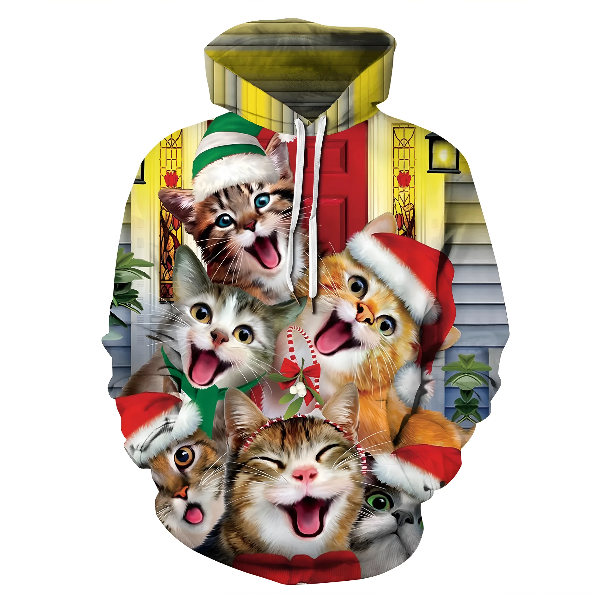 Digital print loose baseball jacket hooded sweatshirt featuring a little cat print in air layer fabric, regular thickness, pullover style