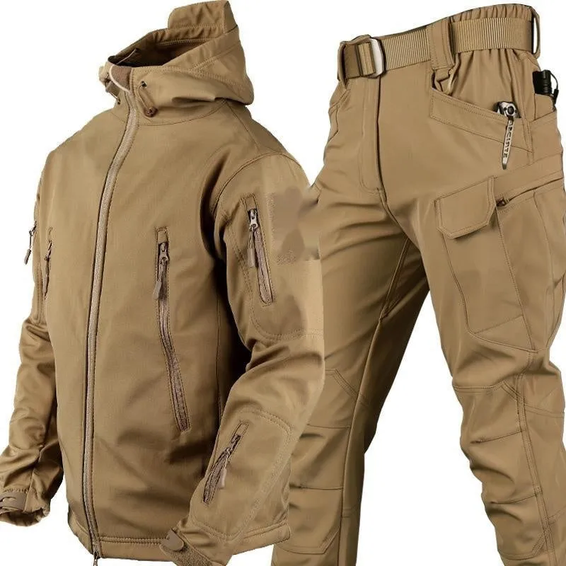 Grey shark skin thermal suit one-piece set with hood for outdoor winter use