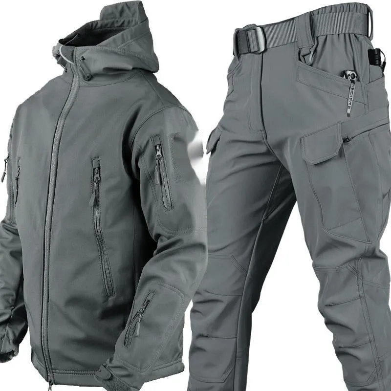 Grey shark skin thermal suit one-piece set with hood for outdoor winter use