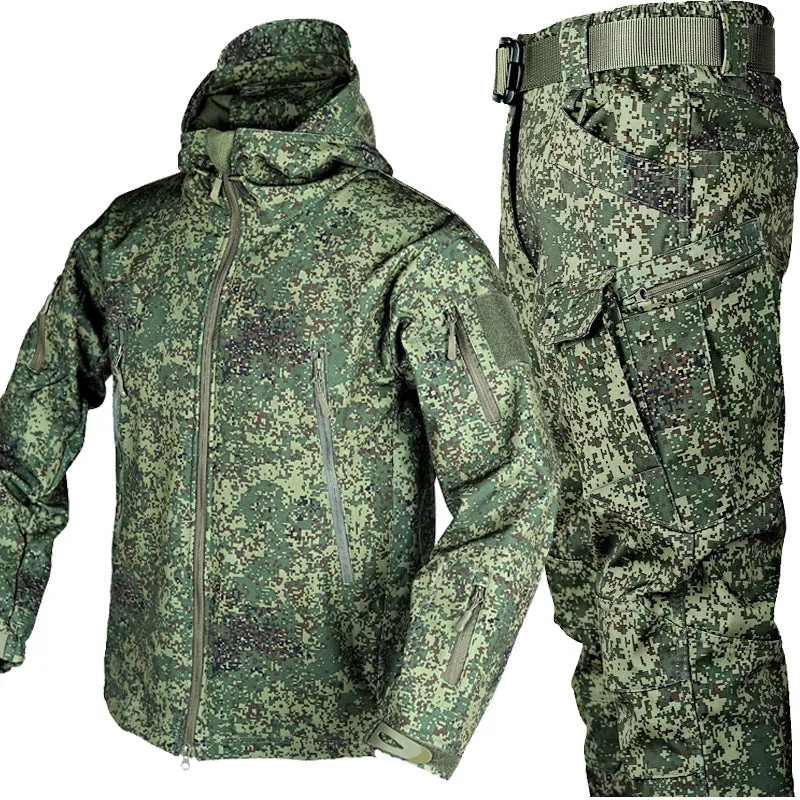 Grey shark skin thermal suit one-piece set with hood for outdoor winter use