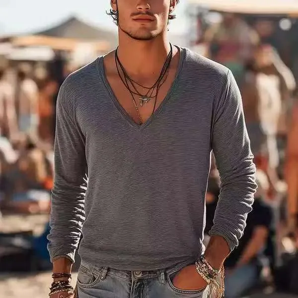 Men's grey long sleeve sports T-shirt with digital print on front