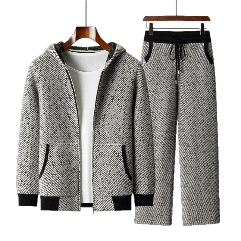 Men's hooded sweater cardigan set with long sleeve top and matching trousers in black, blue, and camel