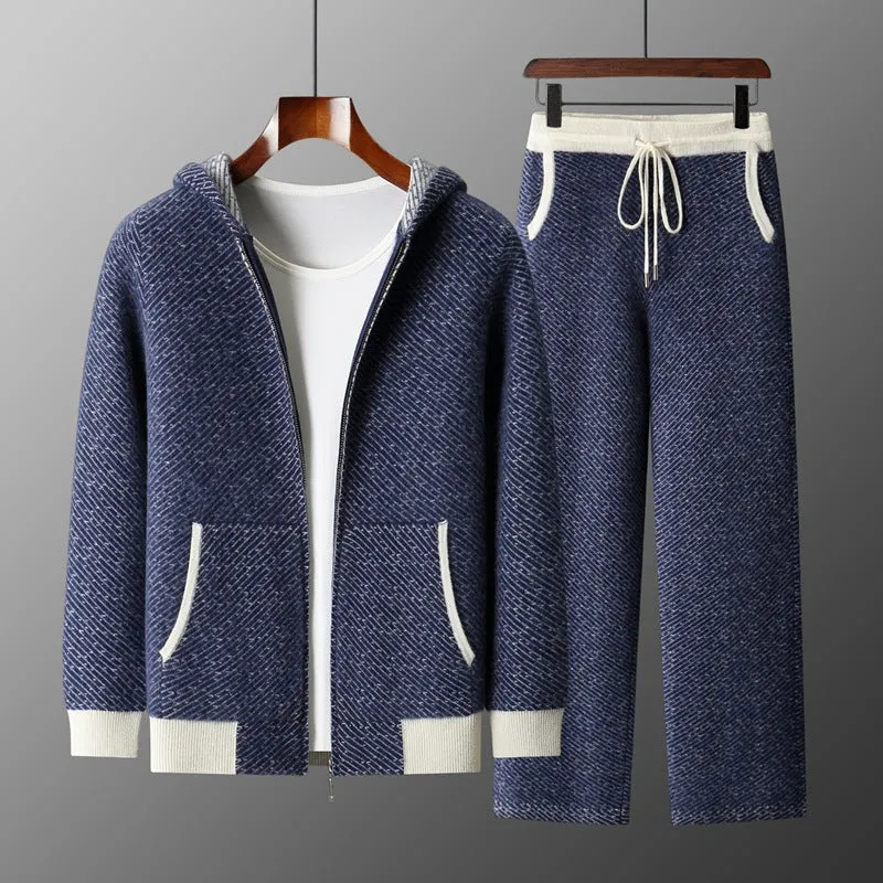 Men's hooded sweater cardigan set with long sleeve top and matching trousers in black, blue, and camel