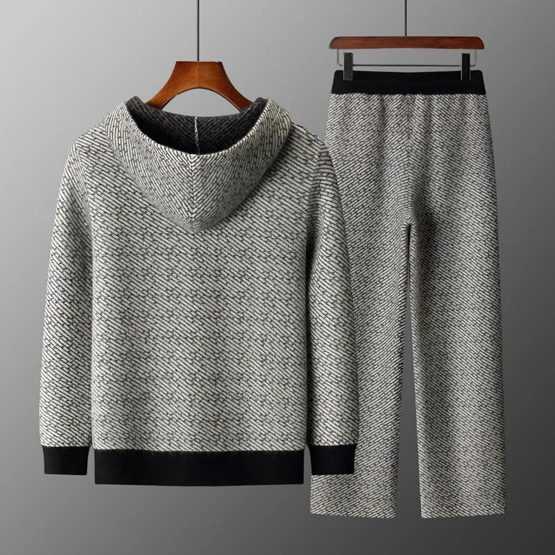 Men's hooded sweater cardigan set with long sleeve top and matching trousers in black, blue, and camel