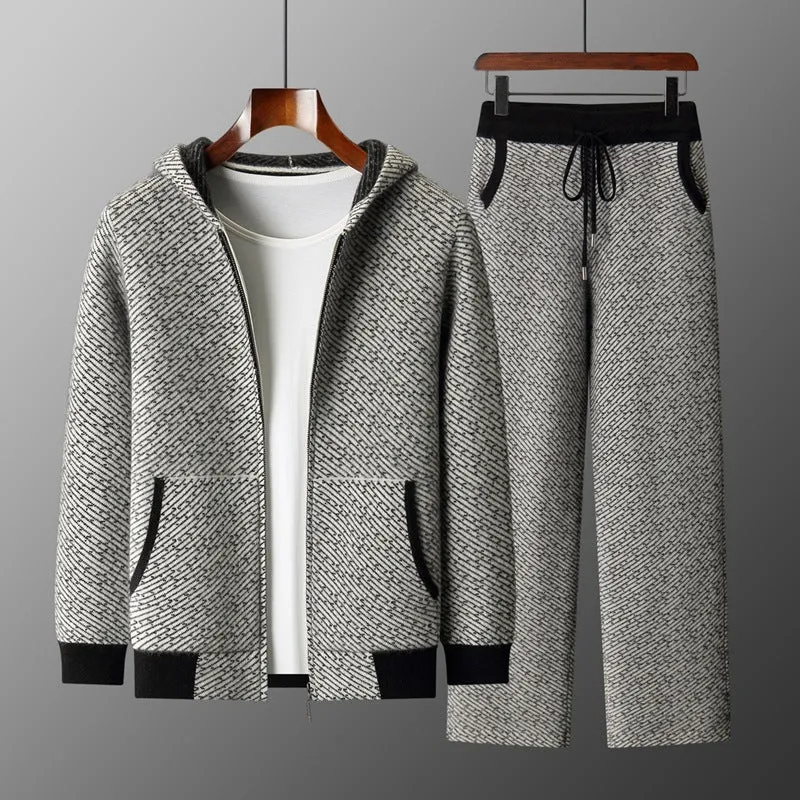 Men's hooded sweater cardigan set with long sleeve top and matching trousers in black, blue, and camel