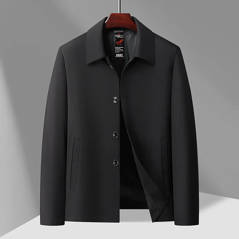 Men's business casual button-down lapel jacket in navy blue, slim fit, wrinkle-resistant, with long sleeves and side pockets.