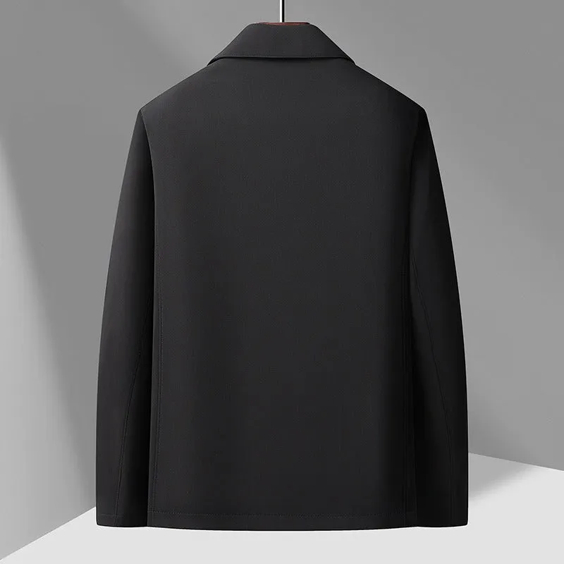 Men's business casual button-down lapel jacket in navy blue, slim fit, wrinkle-resistant, with long sleeves and side pockets.