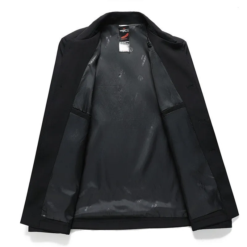 Men's business casual button-down lapel jacket in navy blue, slim fit, wrinkle-resistant, with long sleeves and side pockets.