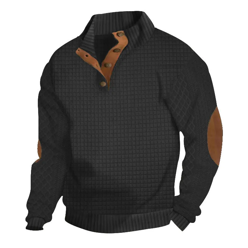 Men's long sleeve patchwork squares polyester fitted casual sweatshirt in army green on a model