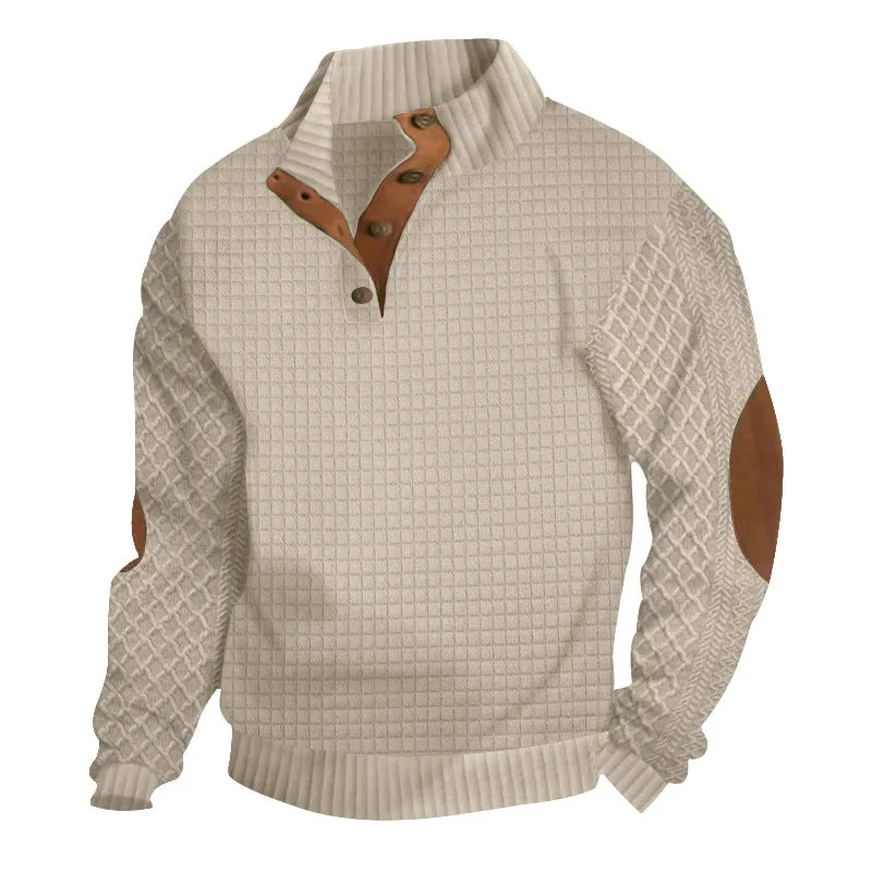 Men's long sleeve patchwork squares polyester fitted casual sweatshirt in army green on a model