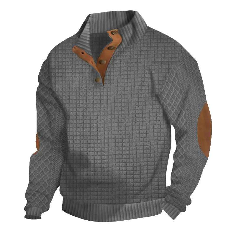 Men's long sleeve patchwork squares polyester fitted casual sweatshirt in army green on a model