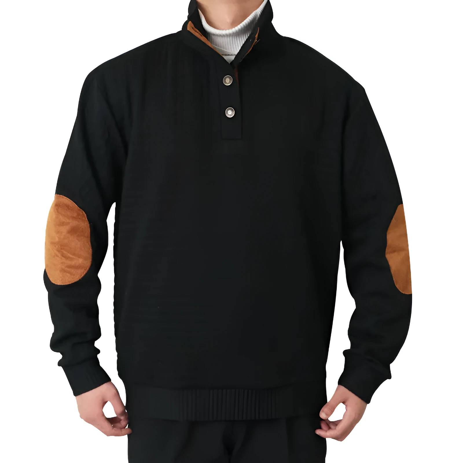 Men's long sleeve patchwork squares polyester fitted casual sweatshirt in army green on a model