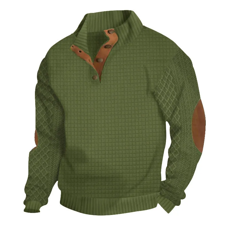 Men's long sleeve patchwork squares polyester fitted casual sweatshirt in army green on a model