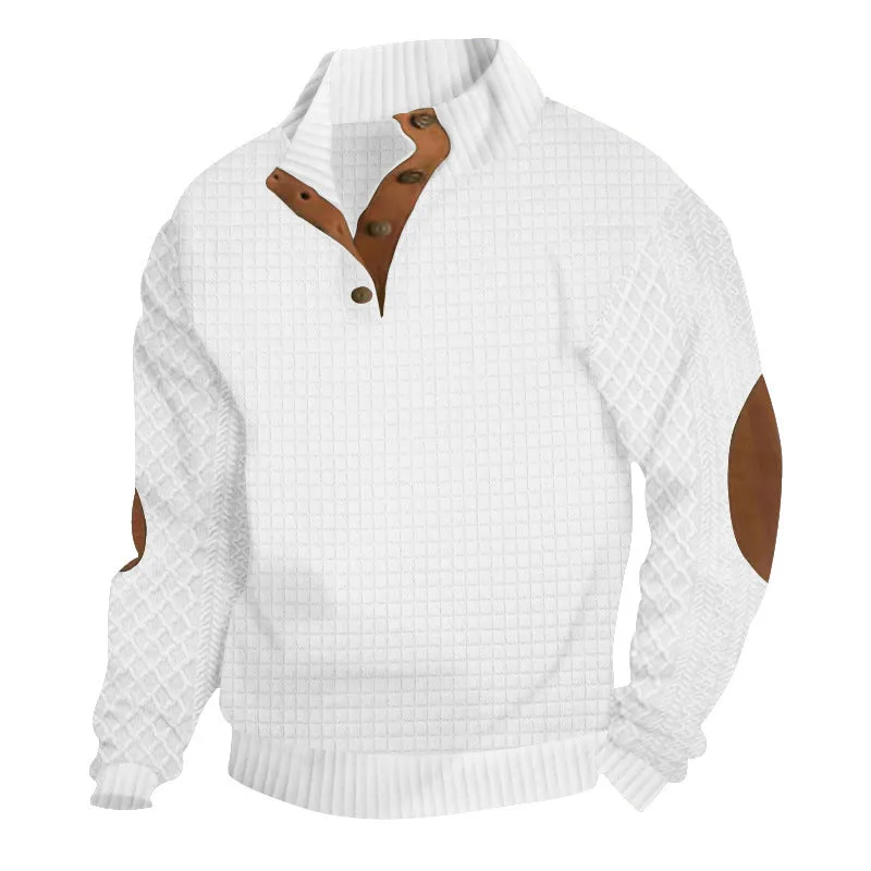 Men's long sleeve patchwork squares polyester fitted casual sweatshirt in army green on a model