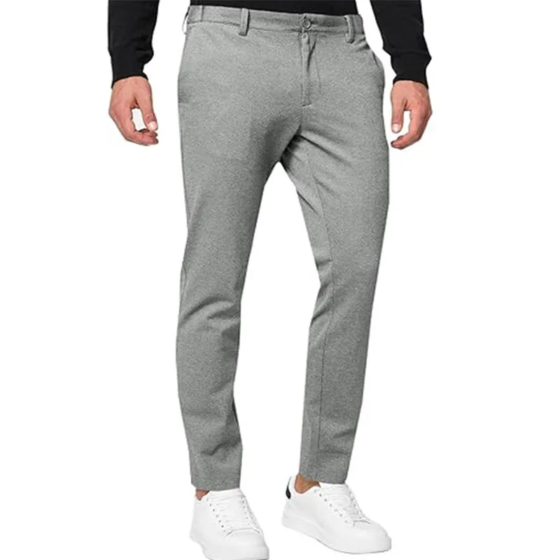 Men's slim-fit tapered chino trousers in a grey cotton blend fabric with a zipper fly.