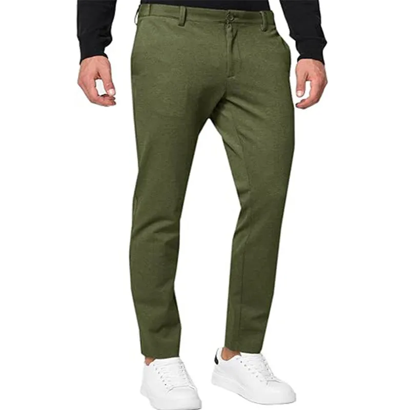 Men's slim-fit tapered chino trousers in a grey cotton blend fabric with a zipper fly.