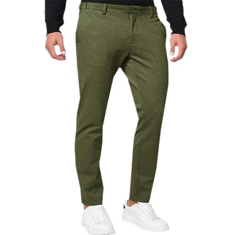 Men's slim-fit tapered chino trousers in a grey cotton blend fabric with a zipper fly.