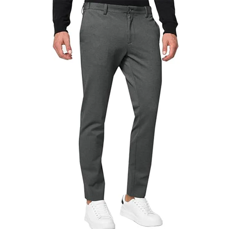 Men's slim-fit tapered chino trousers in a grey cotton blend fabric with a zipper fly.