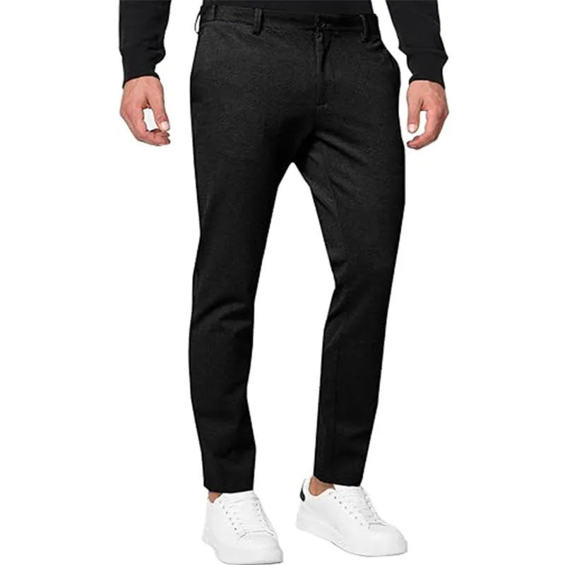 Men's slim-fit tapered chino trousers in a grey cotton blend fabric with a zipper fly.