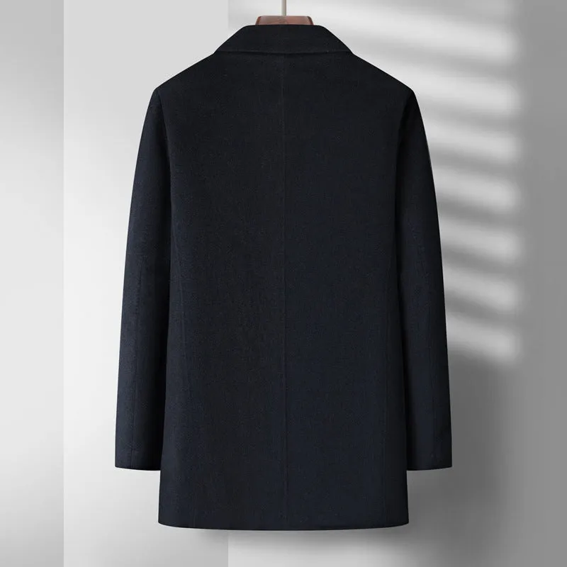 Men's mid-long wool double-faced overcoat with detachable down inner lining, black, visible stitch pockets, slim fit