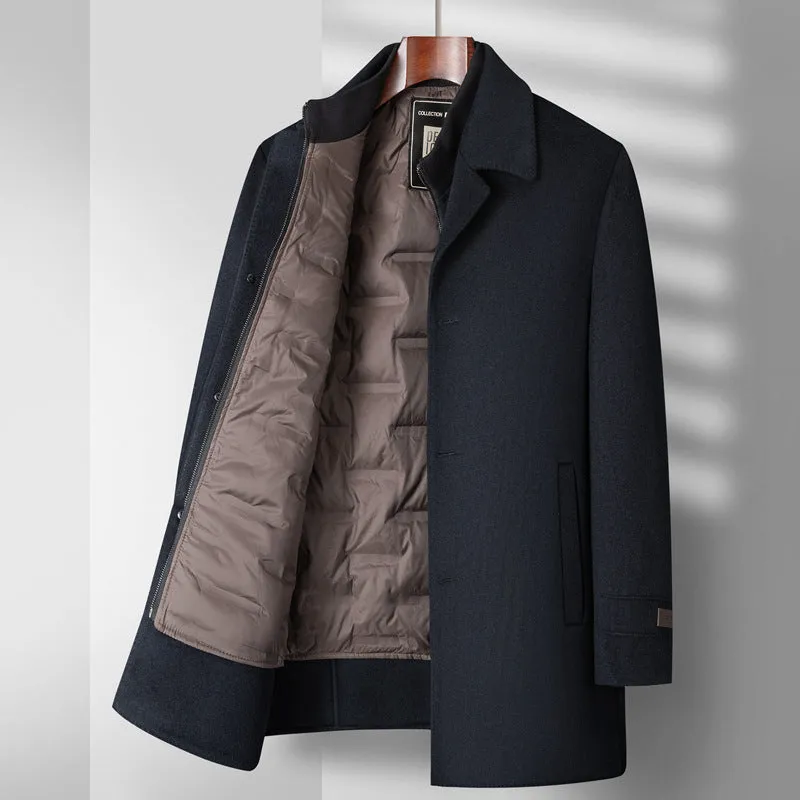 Men's mid-long wool double-faced overcoat with detachable down inner lining, black, visible stitch pockets, slim fit