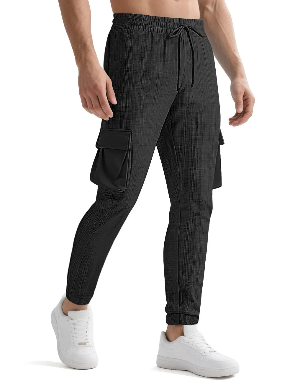 Men's drawstring multi-pocket casual pants in polyester with striped design, mid-waist, available in multiple colours and sizes S-XXXL.
