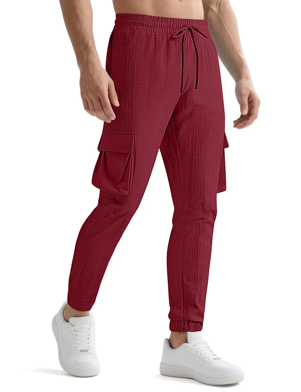 Men's drawstring multi-pocket casual pants in polyester with striped design, mid-waist, available in multiple colours and sizes S-XXXL.