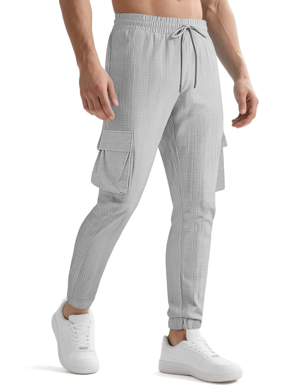 Men's drawstring multi-pocket casual pants in polyester with striped design, mid-waist, available in multiple colours and sizes S-XXXL.
