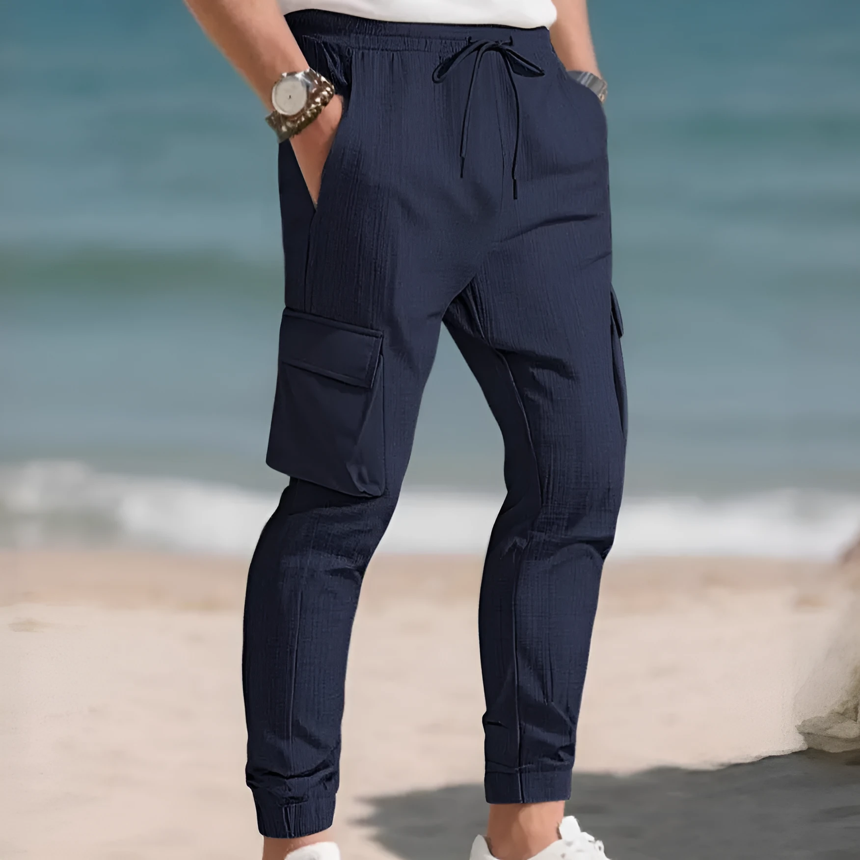 Men's drawstring multi-pocket casual pants in polyester with striped design, mid-waist, available in multiple colours and sizes S-XXXL.