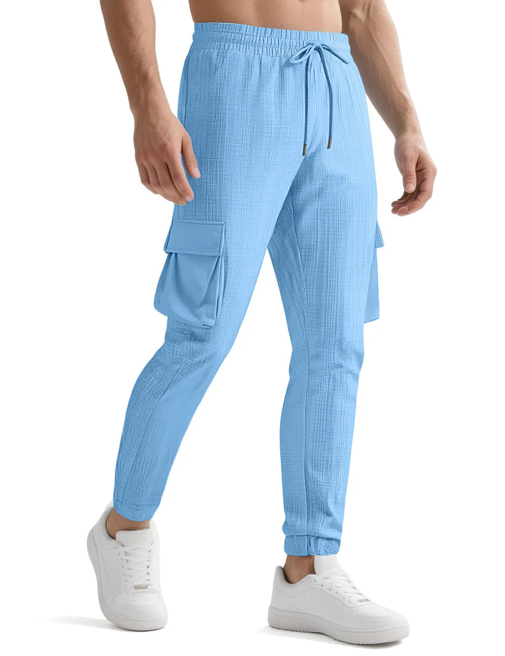 Men's drawstring multi-pocket casual pants in polyester with striped design, mid-waist, available in multiple colours and sizes S-XXXL.