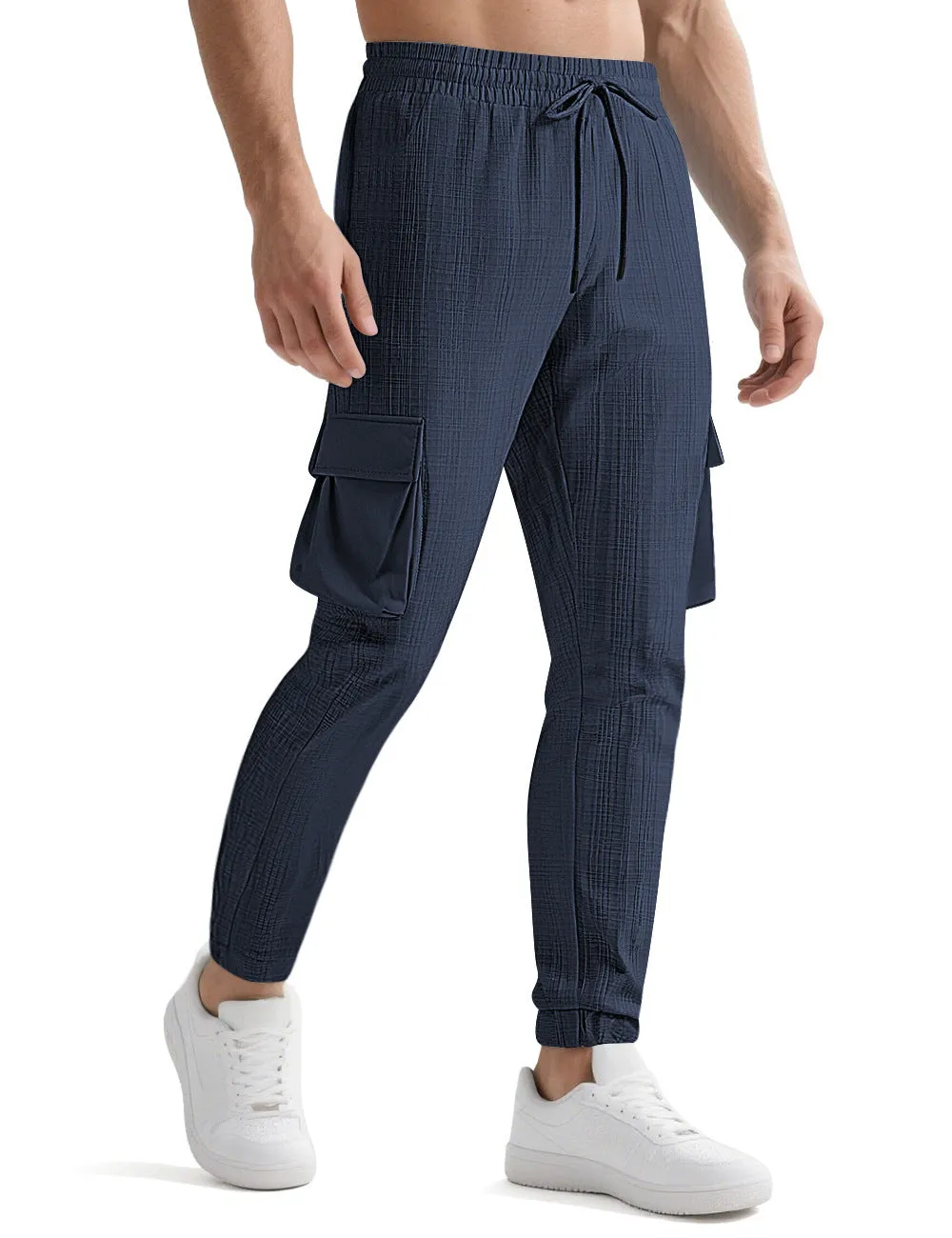 Men's drawstring multi-pocket casual pants in polyester with striped design, mid-waist, available in multiple colours and sizes S-XXXL.