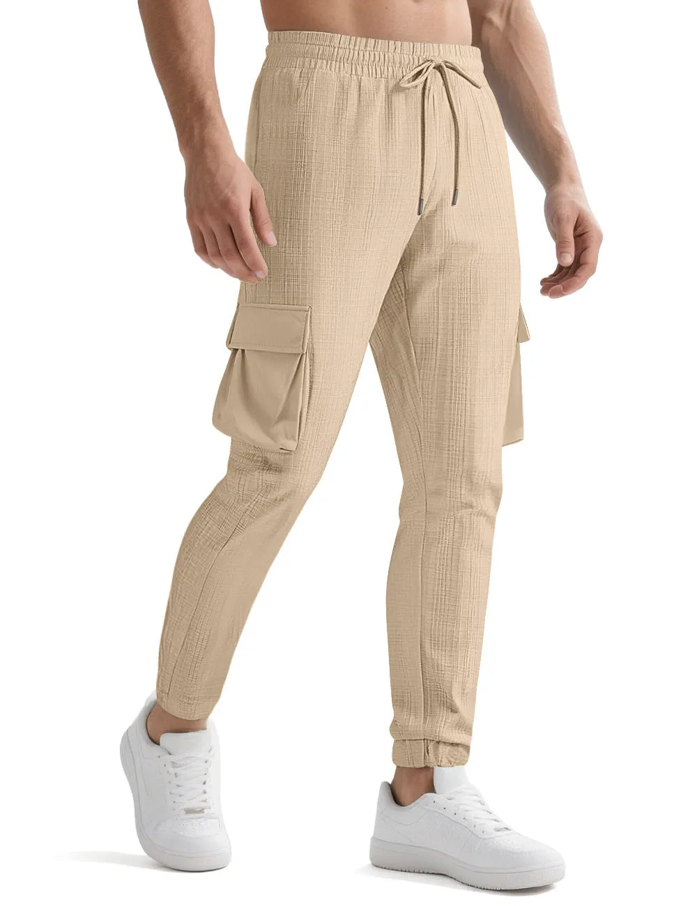 Men's drawstring multi-pocket casual pants in polyester with striped design, mid-waist, available in multiple colours and sizes S-XXXL.