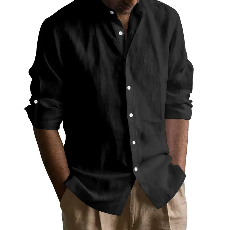 Men's linen-cotton long sleeve stand collar shirt in solid colour, slim fit, cardigan style