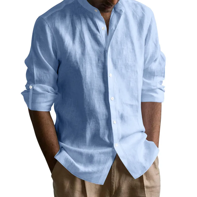 Men's linen-cotton long sleeve stand collar shirt in solid colour, slim fit, cardigan style
